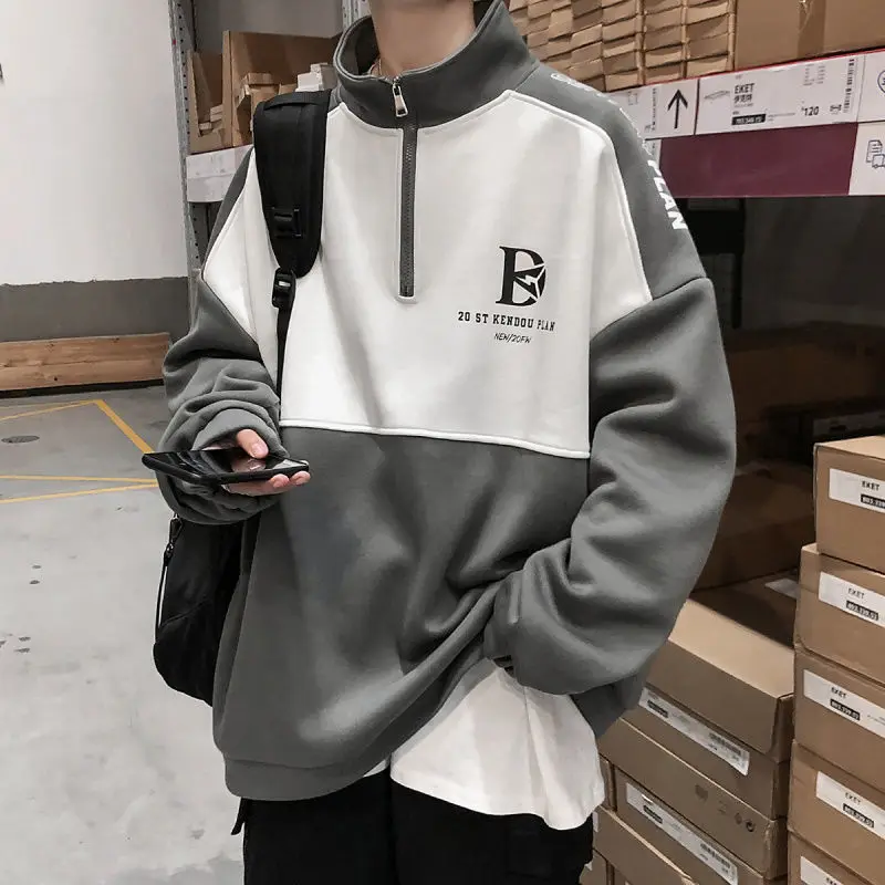 

2020 пуловер с воротником-стойкой, модная Свободная Толстовка в стиле пэчворк для пар, уличная одежда в Корейском стиле, топы в стиле хип-хоп д...