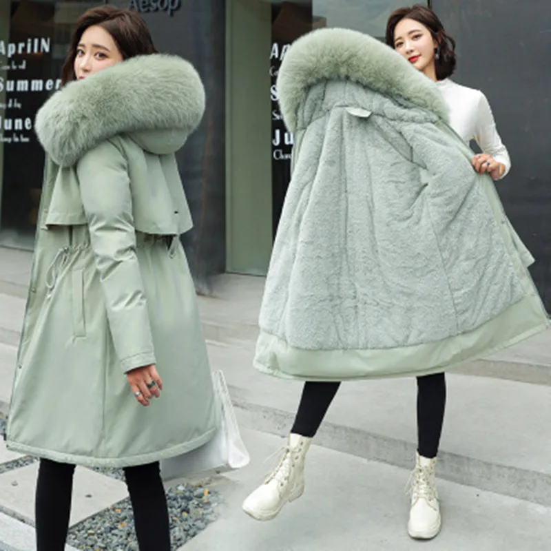 2021 new plus size plush parka coat fashion adjustable waist fur collar winter thick warm jacket women mid-length hooded parka
