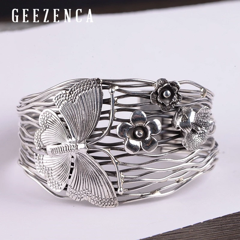 Женские браслеты из тайского серебра 925 пробы с цветком бабочки винтажные ручной