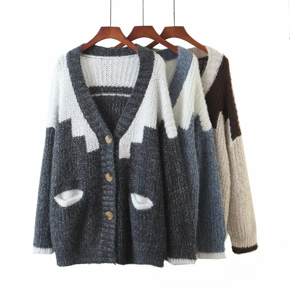 Женский жаккардовый свитер с карманами v-образным вырезом и длинным рукавом