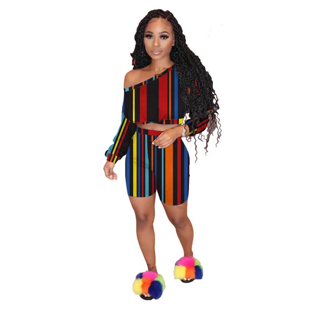 

Rainbow Striped Print 2 Piece Sweatsuits Women Clothes One Shoulder Long Sleeve Crop Top Skinny Shorts Sweatsuit Lounge Wear Set