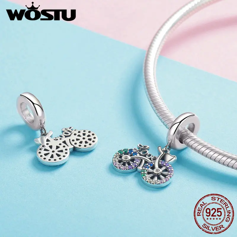 WOSTU Sterling Silver 925 Bike Bicycle Rainbow Zircon Beads Fit Bracelet Pendant For Women Necklace Party Jewelry BKC1082 | Украшения и