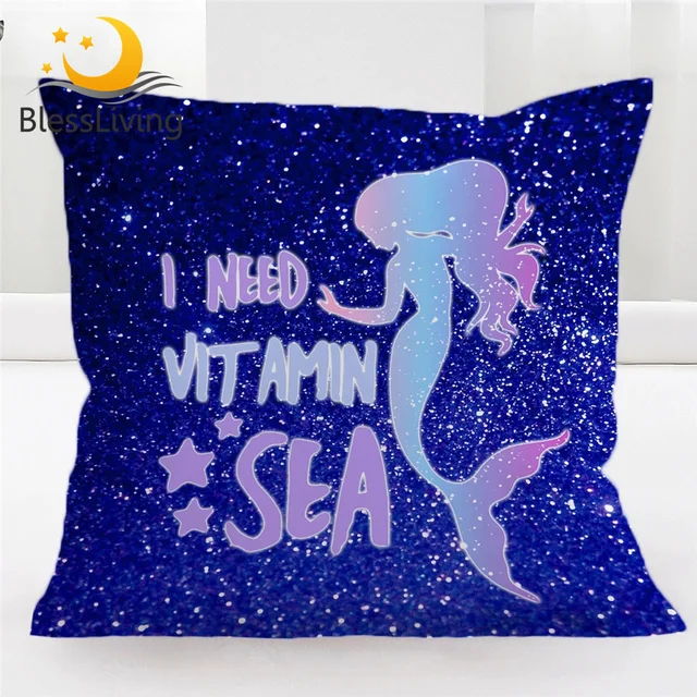 BlessLiving Girls Mermaid Cushion Cover Cartoon Pillow Cover Blue Marine Creature Home Decoration Kussenhoes 45x45cm Pillowcase 1