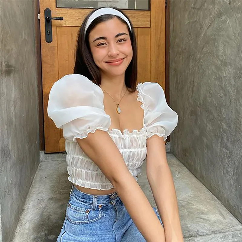 

See Through Women Tops and Blouses Sexy Transparent Low Cut Crop Tops Puff Sleeve Top Blouse Summer Casual Beach Style Blouse