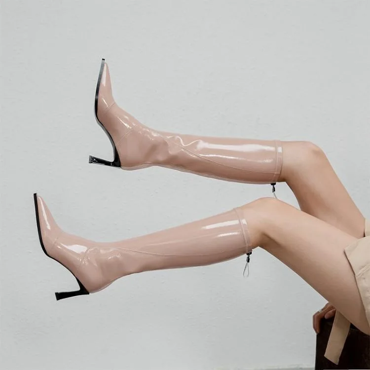 

Caiyun patent leather women's shoes pointed apricot white boots women's thin heel high heel high tube boots leather women's