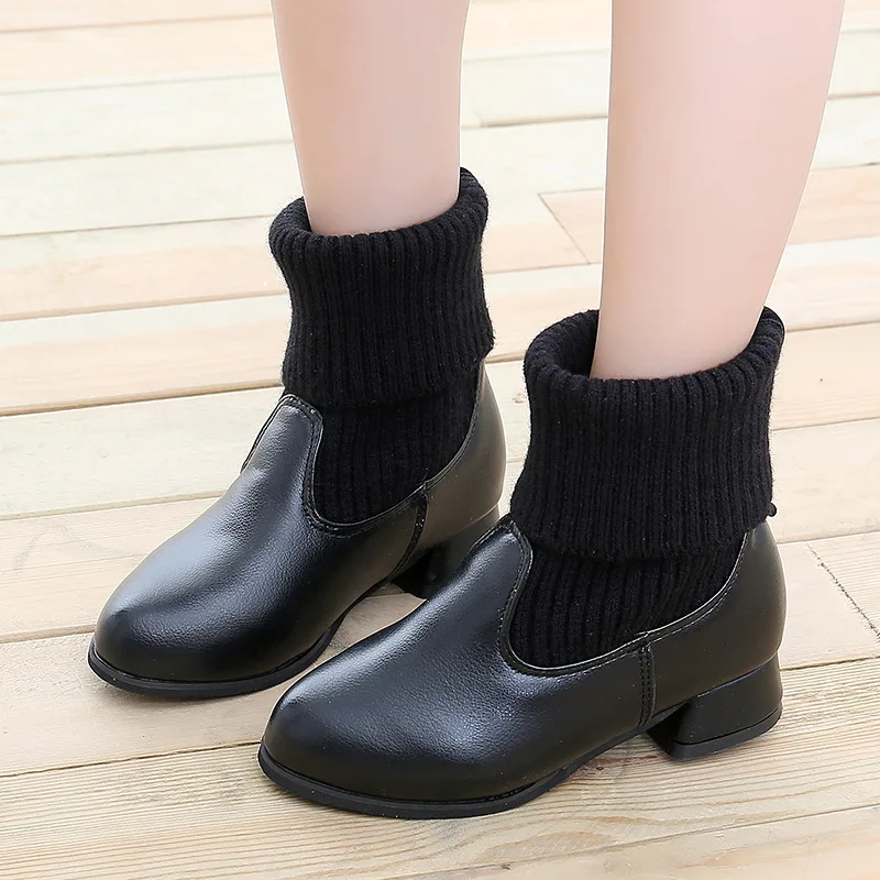 

Girls Boots 2021 Winter Warm Cotton Kids Boots With High Heels Slip-on Children's Chic Boots Wool Sock Style Patchwork 27-37 New