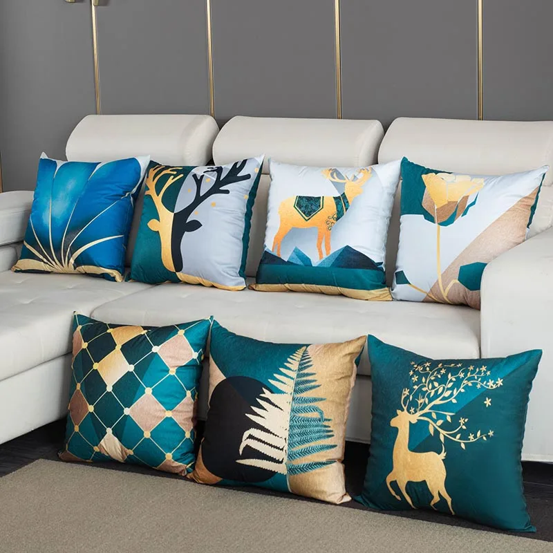 

45x45cm Printed Cushion Cover Lumbar Pillow Elk Forest Nordic Minimalist Style Sofa Living Room Green Sofa Pillows Home Decor