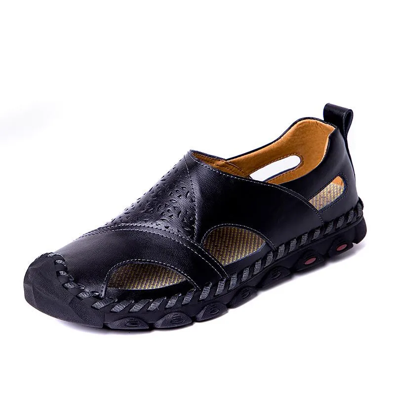 New Summer Sandals Mens Breathable High Quality Genuine Leather Sandals Man Flats Plus Size Fashion Casual Beach Men's shoes - Цвет: Черный
