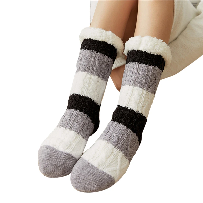 

Non Slip Middle Tube Cute Female Socks Winter Indoor Slippers Socks Striped Plush Casual Thickened Female Warm Socks