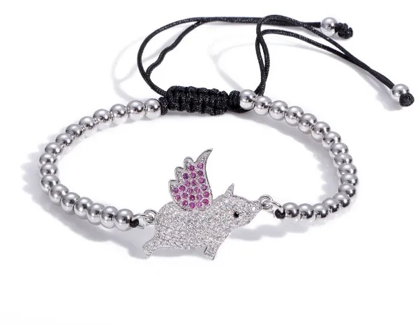 Браслет Летающая Свинья с кристаллом микро-паве из фианита браслет Регулируемый