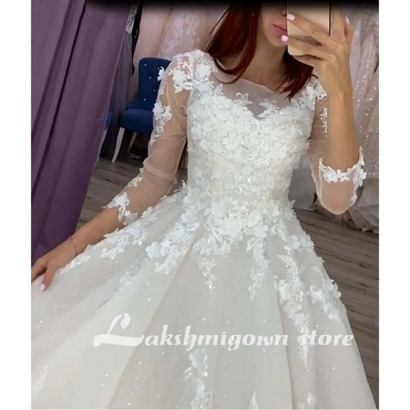 

Lakshmigown Luxurious Ivory Lace Appliques Tulle Organza 3/4 Sleeves Floor-length Ball gown Wedding dress Wedding Party gowns