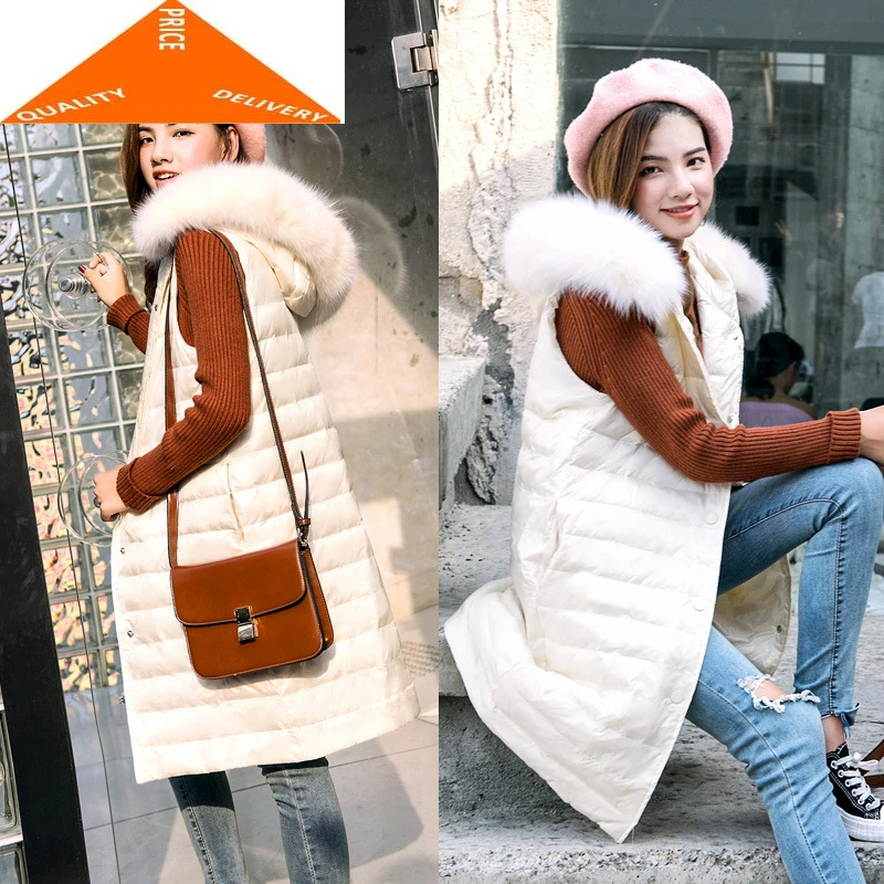 

Vests Women Winter 2020 Fashion Duck Down Long Jacket Warm Sleeveless Vest Female Casual FeminineLady Elegant Coat LW9994