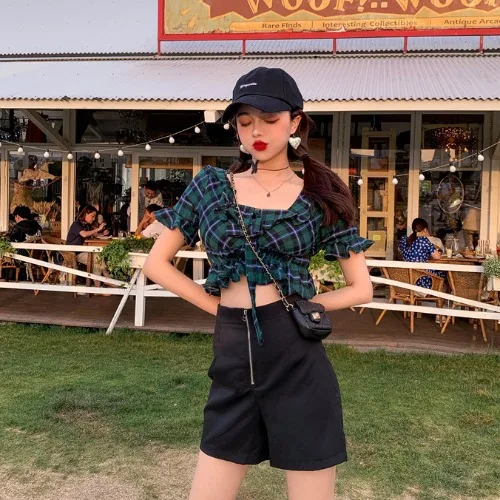 Kpop Lee Sun Mi же Лето Женская Корейская Ретро короткая клетчатая рубашка с коротким