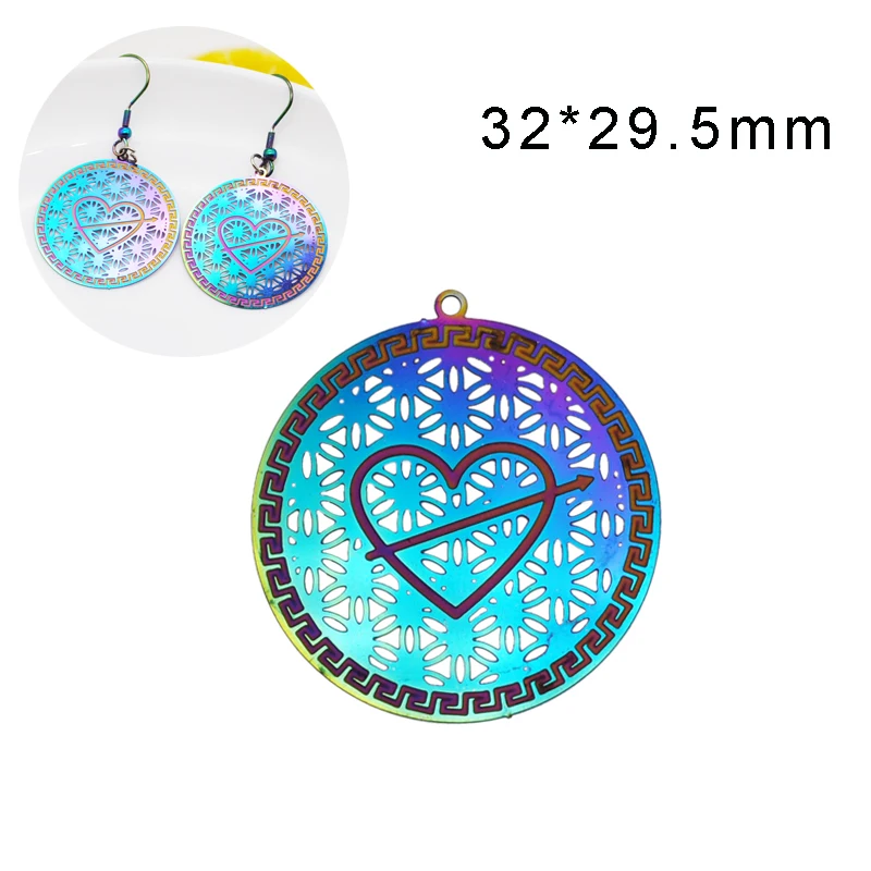 

10pcs/Lot Rainbow Color Vacuum plating Stainless Steels Earring Pendants Round Heart Shape Charms For Jewelry Making Craft