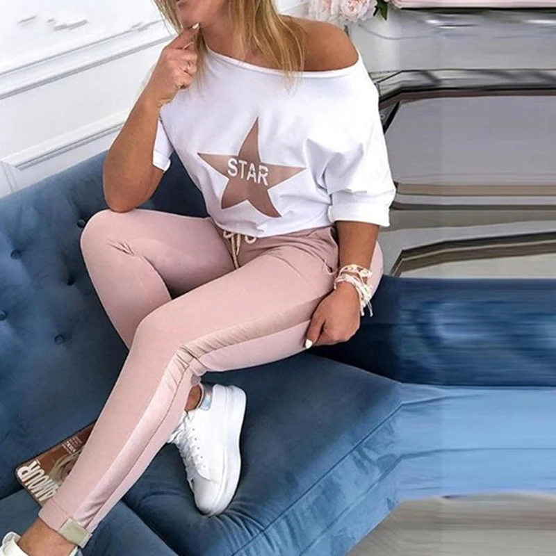 

2021 Women Two Piece Matching Sets Star Print Top & Drawstring Design Pant Sets Chic Casual Sweatsuit Women's Sets
