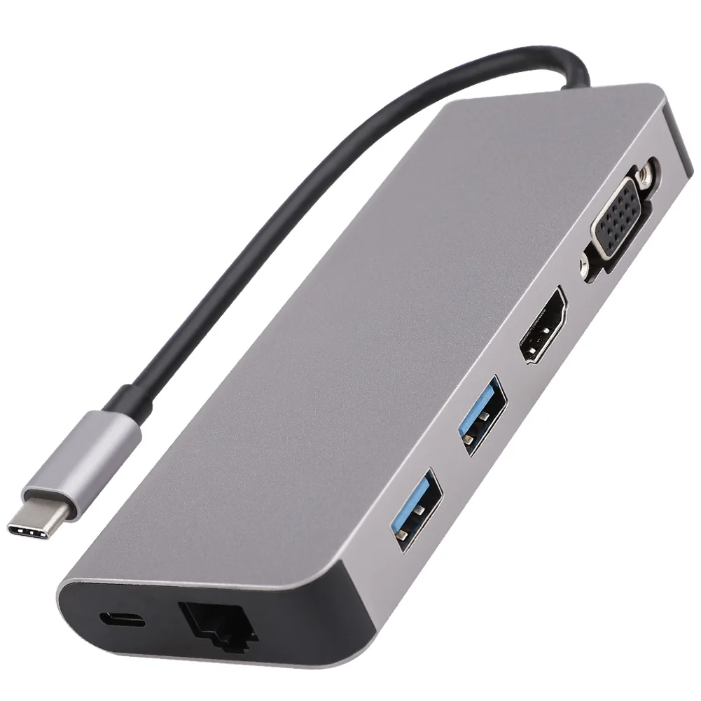 

6-in-1 USB C to Dual 3.0 Hub HDMI VGA RJ45 Type-C Converter Adapter for Laptops Notebooks