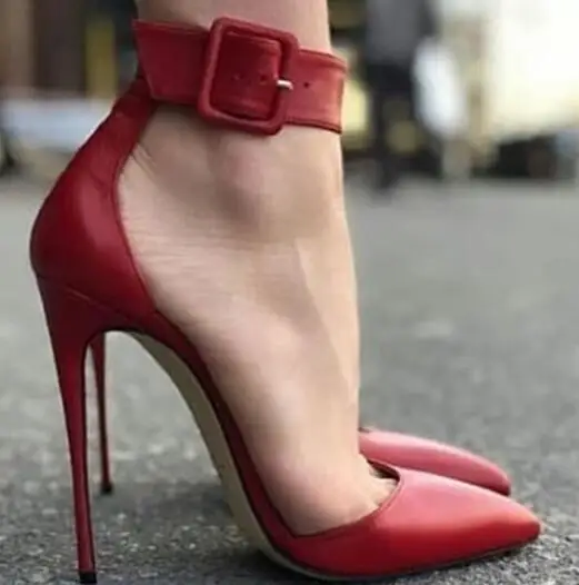 

Dipsloot Fashion Red Smooth Leather Pointed Toe Pumps Woman Big Buckle Stiletto Heels Sexy Party Dress Pumps Shoes Plus Size 47