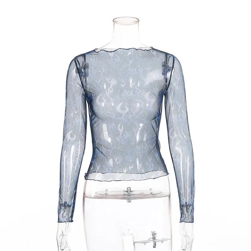 2020 Новая женская сексуальная Сетчатая футболка с длинным рукавом голубым