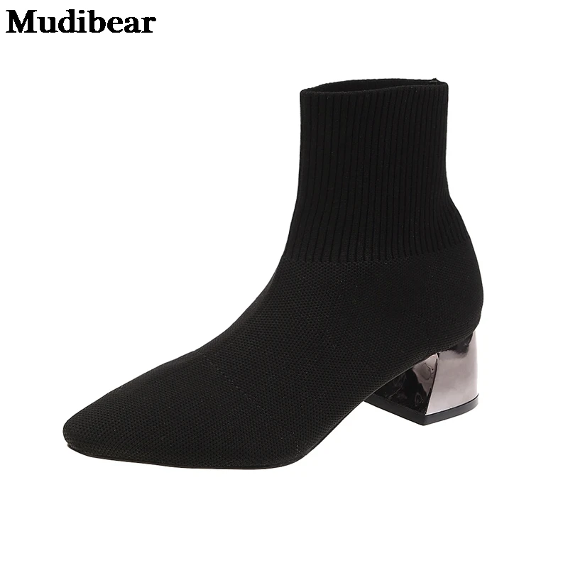 

Mudibear/зимняя обувь на высоком каблуке женские ботинки из ткани, с острым носком, модная женская обувь на квадратном каблуке стрейч вязать Бот...
