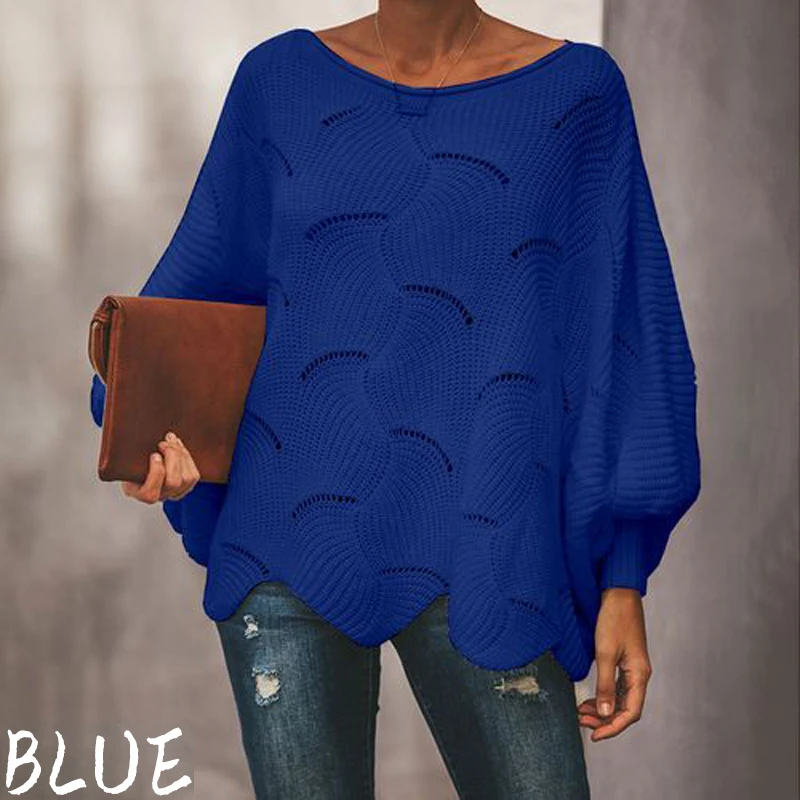 

2021 Women New Casual Hollow Sweater Snake Lantern Sleeve Solid Knit Sweater Ladies Fashion O-neck Loose Ruffle Ladies Pullover