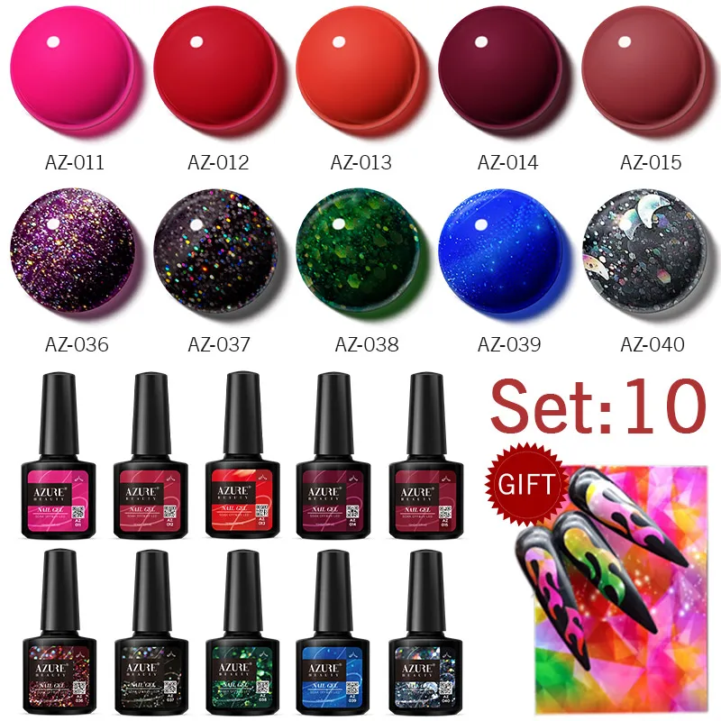 Azure beauty 11 шт./лот блестящий цветной светодиодный Гель лак для ногтей с наклейкой