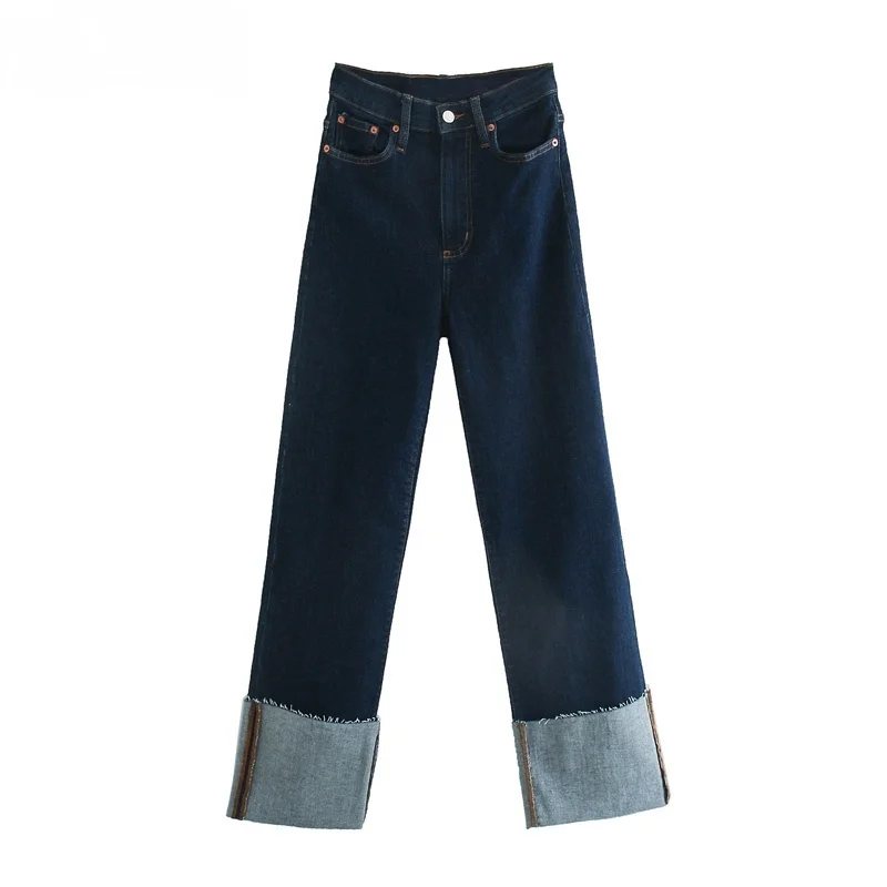 

Spring Summer 2021 Long Trousers Pockets Buttons Female Pants Fashion Women High Waist Wide Leg Jeans Pants