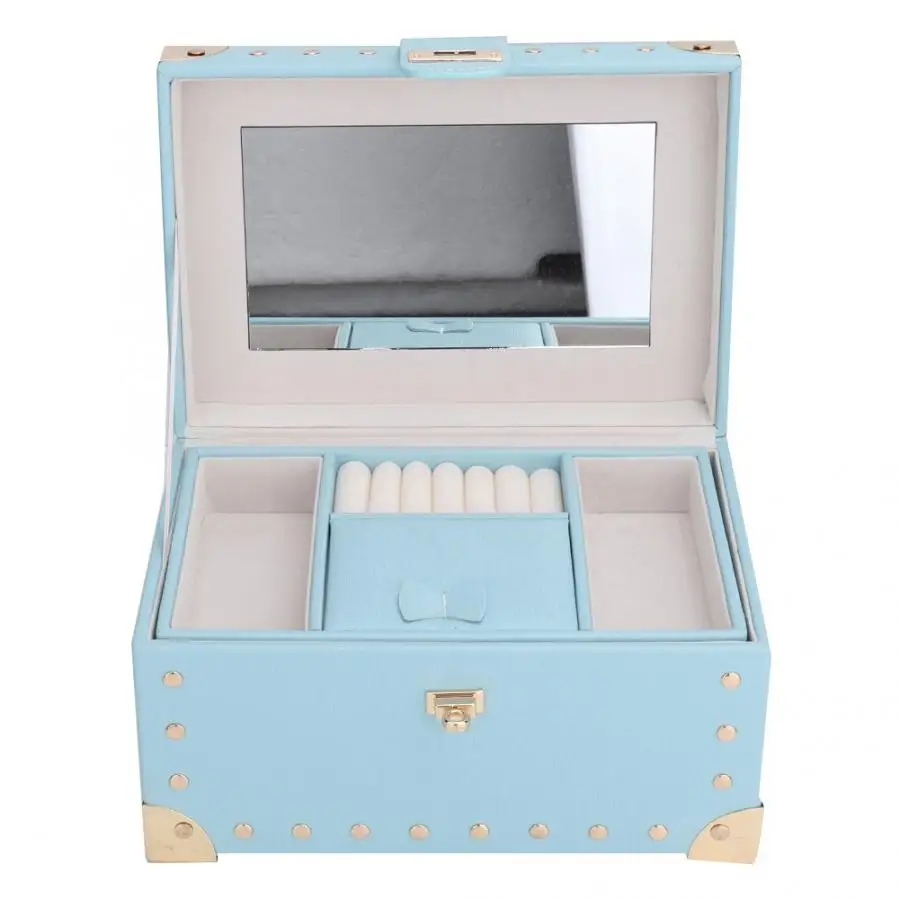 2-Layers Necklace Storage Earring Container Box Jewelry Holder with Handle Lock Mirror jewelery organizer Display for jewelry | Украшения и