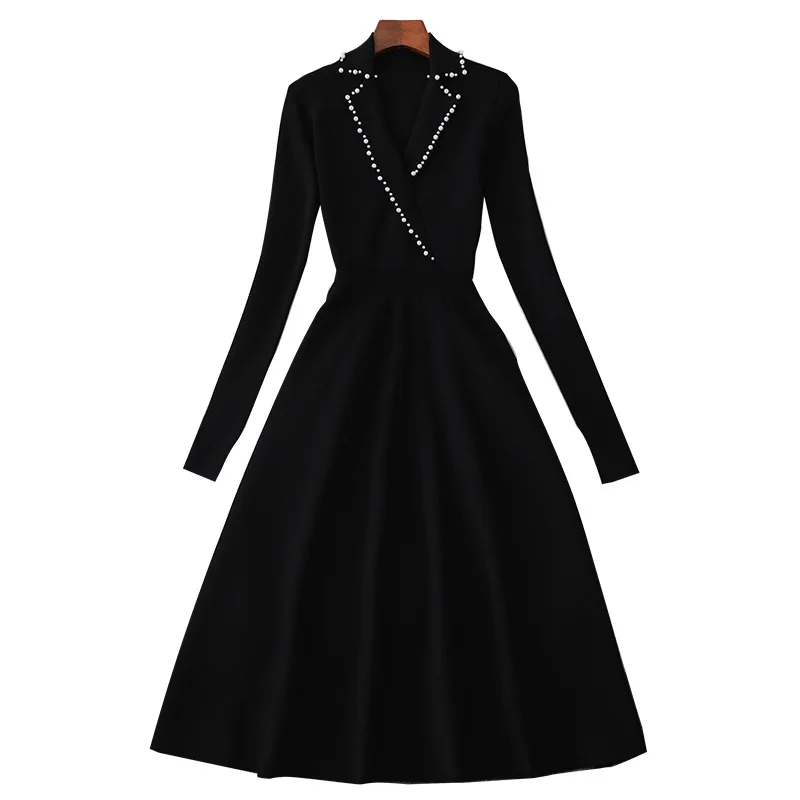 

Autumn winter new women's suits turndown collar beaded high waist long sleeves pleated mid-length casual all-match black dress
