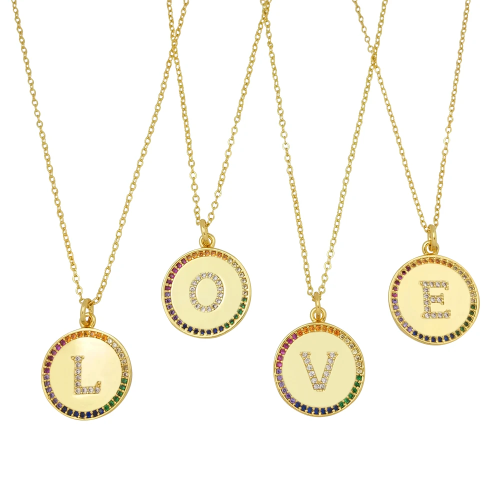 

Rainbow Initial Pendant Necklace Letter Women CZ Zircon Pendant Necklace collar de letras Gold Filled Jewelry ketting met letter
