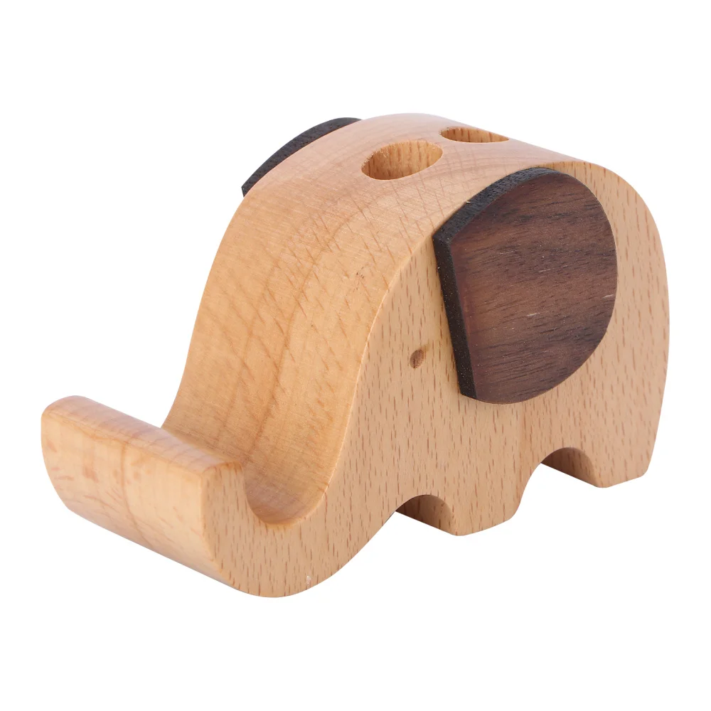 

Wooden Elephant Shape Pen Storage Pot Pencil Holder with Cell Phone Stand Desk Organizer Decoration