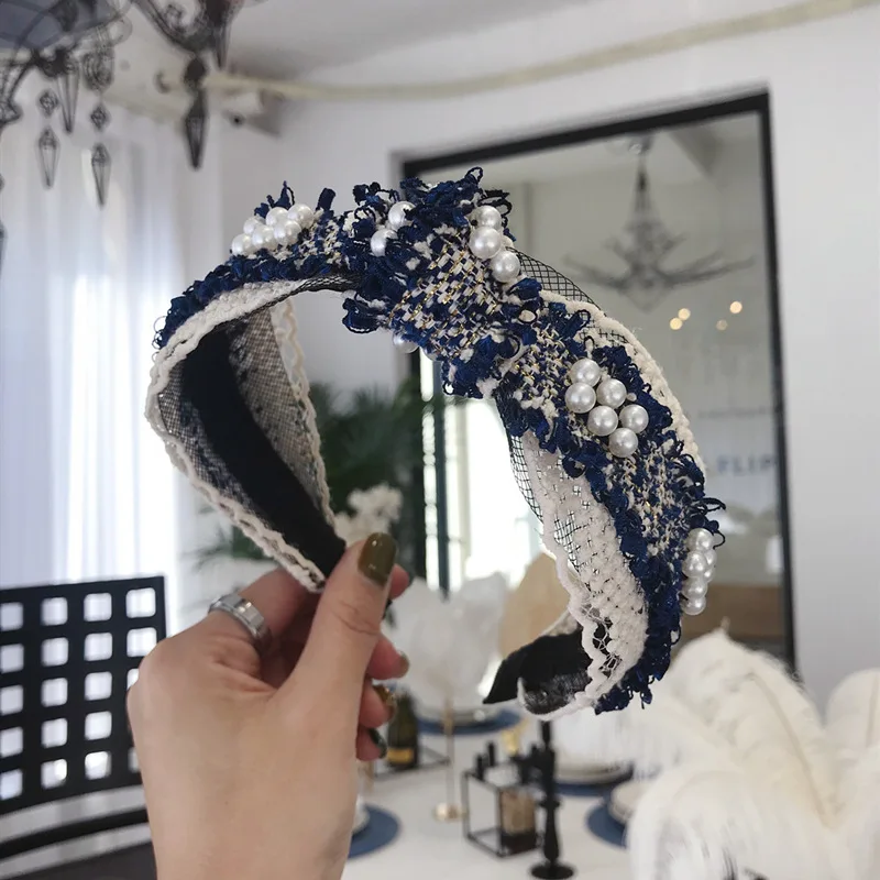 Богемный винтажный Клетчатый Ремень для волос с жемчужинами ободок аксессуары |