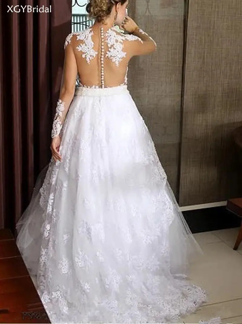

New Arrival Bridal Wedding Gown A Line Long Sleeves Muslim Wedding Dresses Tulle Appliques Vestido De Noiva Dubai Arabic