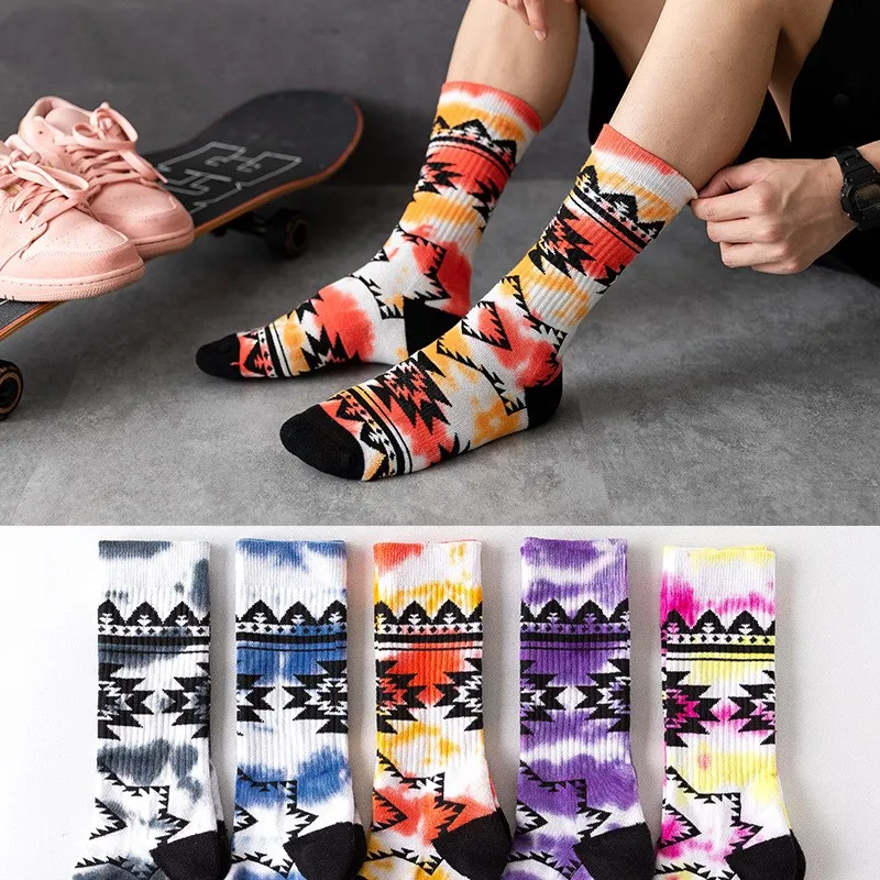 

Геометрические модные носки Tie-dye, махровые уличные модные носки для скейтборда, баскетбола, хип-хопа, для мужчин и женщин, дышащие хлопковые ...