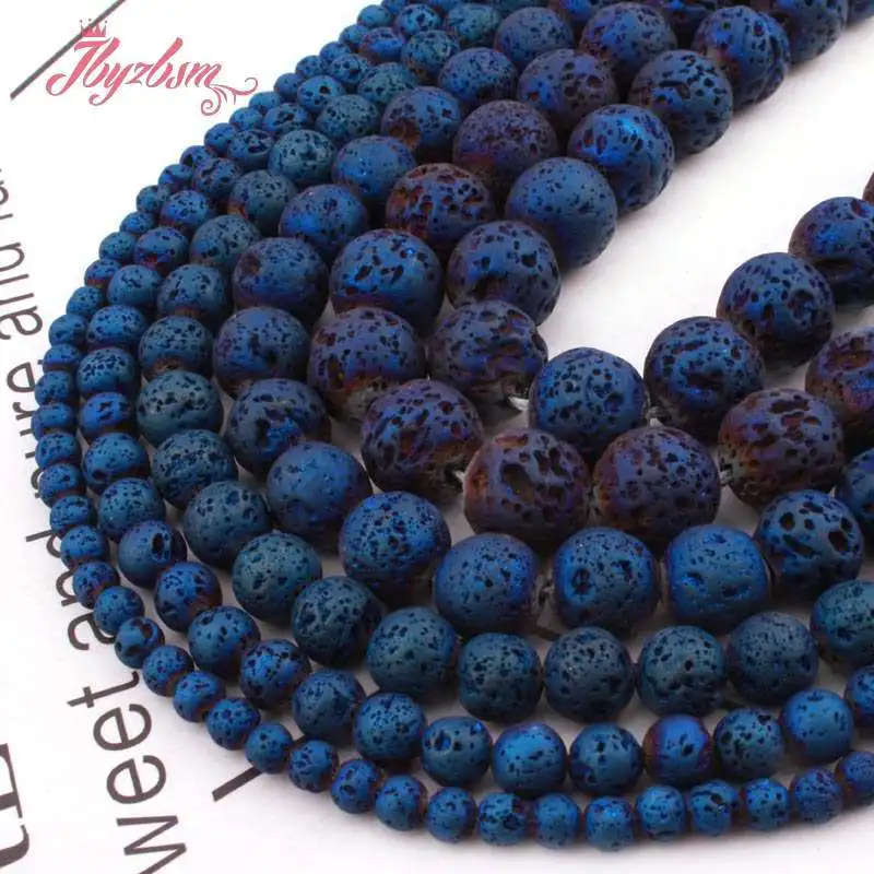 

Natural Lava Rock Blue Metallic Plated Round 6/8/10mm Loose Stone Beads For DIY Jewelry Making Bracelet Strand 15" Free Shipping