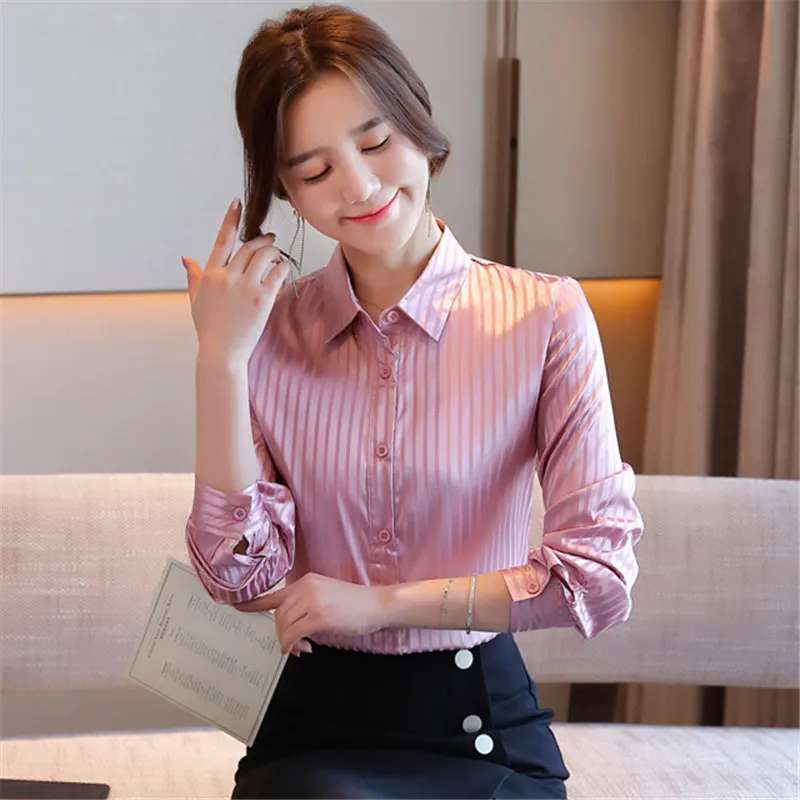 

2020 Autumn Fashion Women Tops And Blouses Long Sleeve Striped Satin Silk Shirts Office Lady Turn-Down Collar OL Clothing Blusas