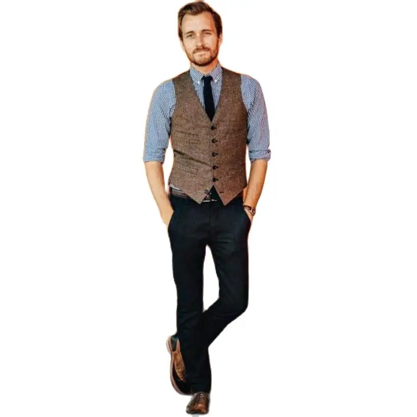 

New Cheap Brown Groom Vests British Style Mens Suit Vests Slim Fit Mens Prom Vest Wedding Waistcoat