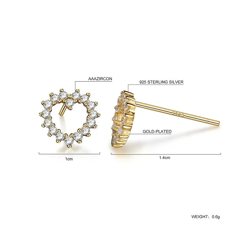 

Flyleaf Hollow Heart Cubic Zirconia Gold 100% 925 Sterling Silver Stud Earrings For Women Tiny Earings Fashion Jewelry Fine