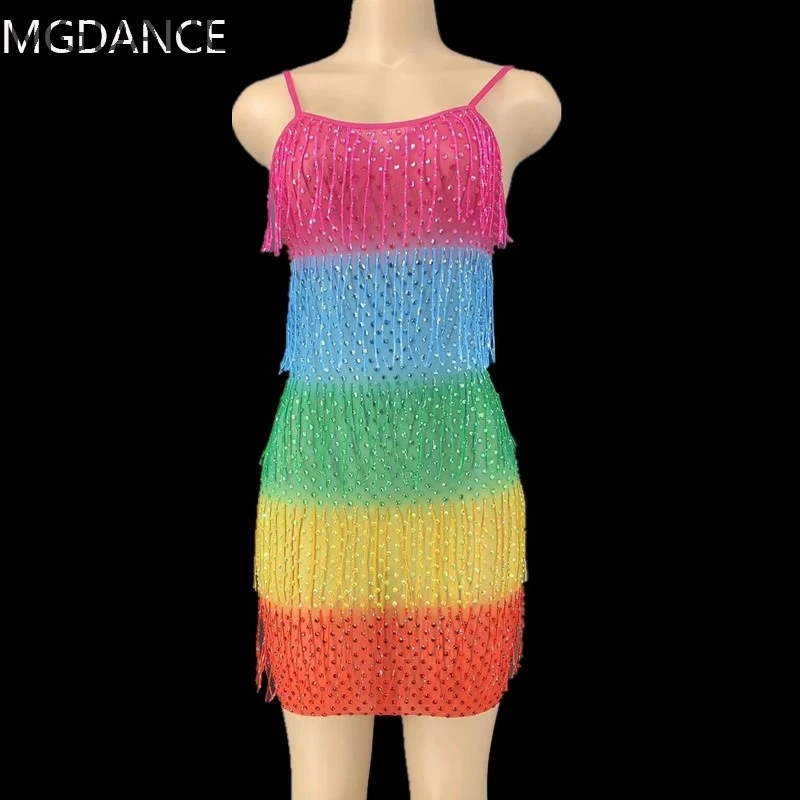 

Multi-color Rhinestones Fringe Transparent Short Dress Prom DS Women Dancer Dress Birthday Celebrate Dress