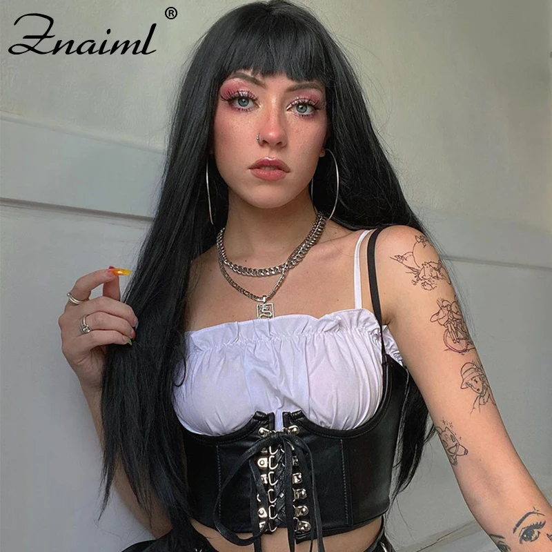 

Znaiml Gothic Punk Style PU Leather Corset Women Lace Up Crop Top Corselet Wear Out Push Up Bustiers Cummerbunds Streetwear Tops