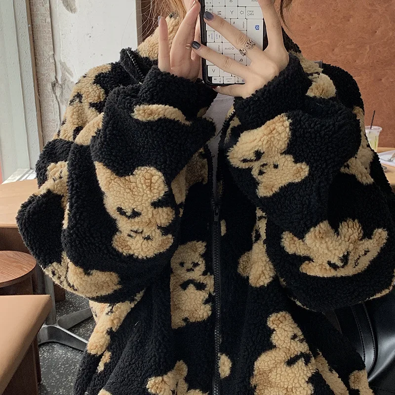

2021 Autumn New Women Long Sleeve Zip-up Loose Parkas Outfits Bears Print Stylish Chic Oversize Coat Casual Streetwear