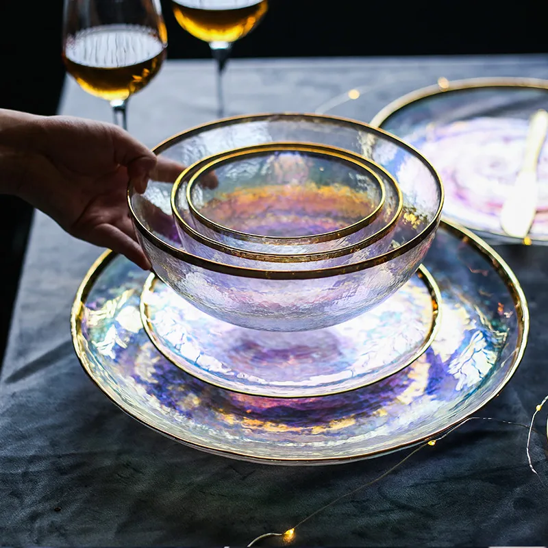 

Colorful Painted Gold Glass Bowl Dish Seven Color Transparent Hammer Grain Glass Dessert Steak Plate Salad Fruit Bowl Dinnerware