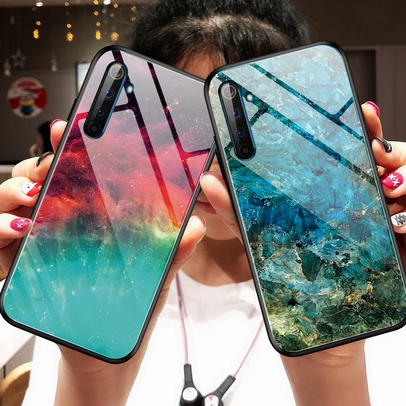 Для OPPO Realme 6 Pro Чехол класса люкс Мрамор зерна градиент закаленное Стекло защитный