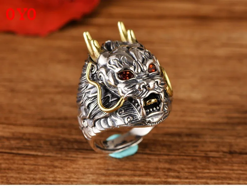 

S925 sterling silver Thai silver retro two-color three-dimensional dragon king dragon head domineering opening men's ring