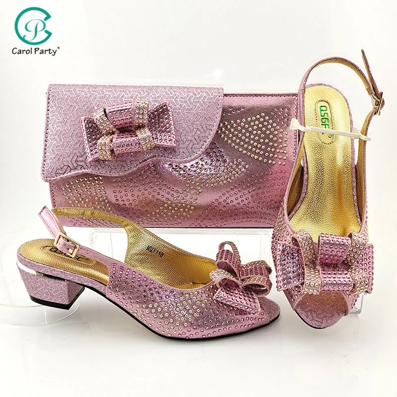 

Italian Design 2021 African Newest Ladies Shoes and Bag Set With Special Narrow Band and Cross-tied in Pink Color for Party