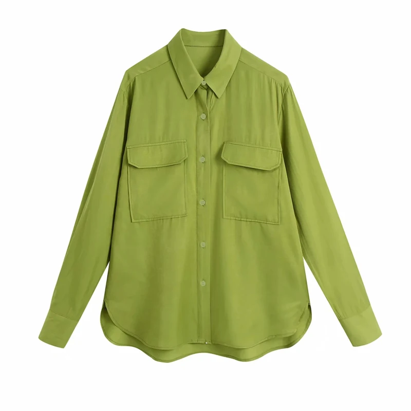 

SLMD стильный шикарный зеленый Карманы Свободные блузки для женщин 2021 и пуговицами, модная рубашка с воротником и с вышивкой для повседневной...
