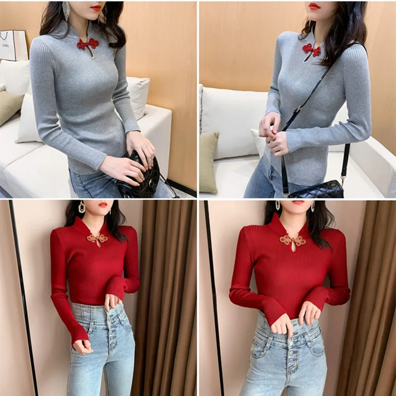 

Cheongsam Knitted Women's Autumn Fashion Retro Disc Button Sweaters Flag Solid Button Sweater Long-sleeve Basic Women Pullover
