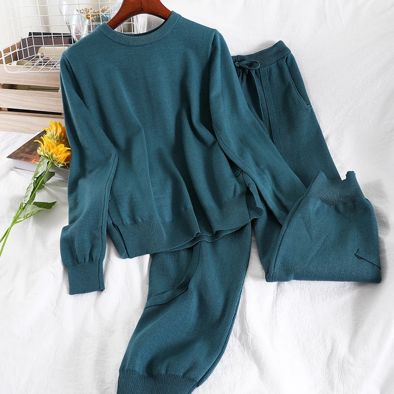 

2021 New autumn Fashion Simple Suit Split Loose Knit Sweater + Harem Pants Casual Two-Piece Set TZ631