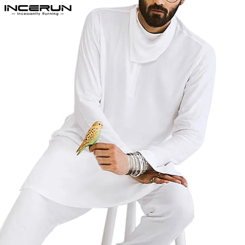 

INCERUN мусульманский мужской кафтан с отворотом и пуговицами, длинный рукав, однотонный исламский арабский кафтан, модный Дубай, Ближний Вост...