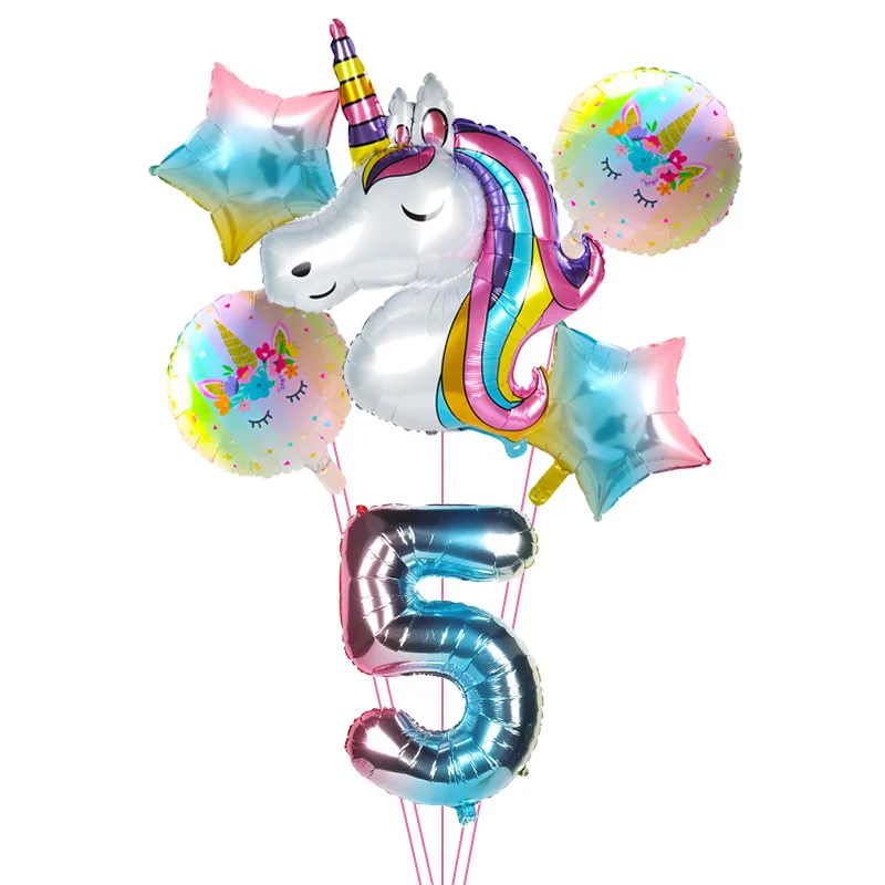 

6pcs/lot Unicorn Balloon Rainbow Gradient 32 inch Number 1 2 3 4 5 6Th Boy and Girl Birthday Wedding Party Balloons Decorations
