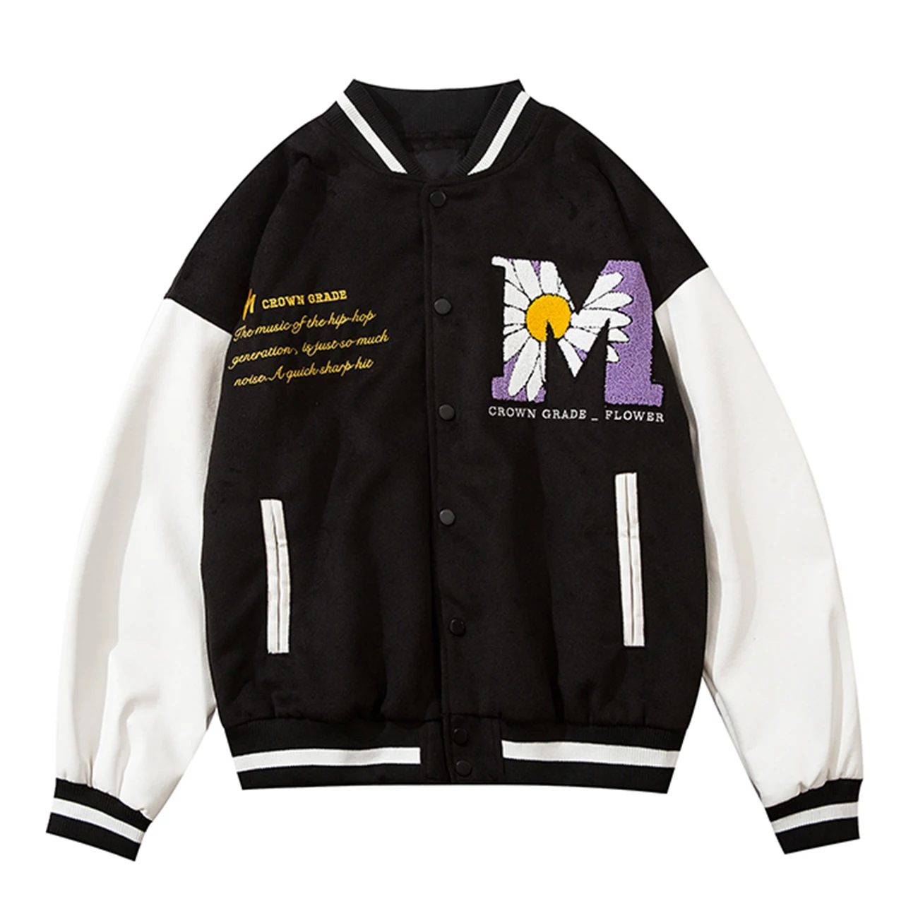

2021AW Hip Hop Patchwork Button Jackets Mens Harajuku Streetwear Embroidery Daisy Bee Bomber Jacket Baseball Coats